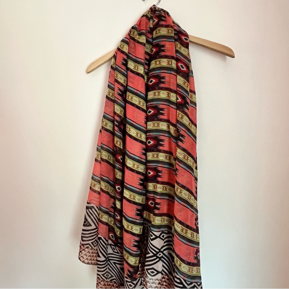 Boho Tribal Print Lightweight Scarf - Coral & Black